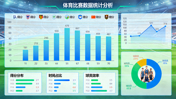体育比赛数据统计图表的可视化展示画面，用于体育数据解决方案配图